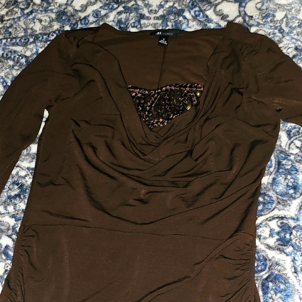 A. Byer Brown Ruched Embellished Blouse